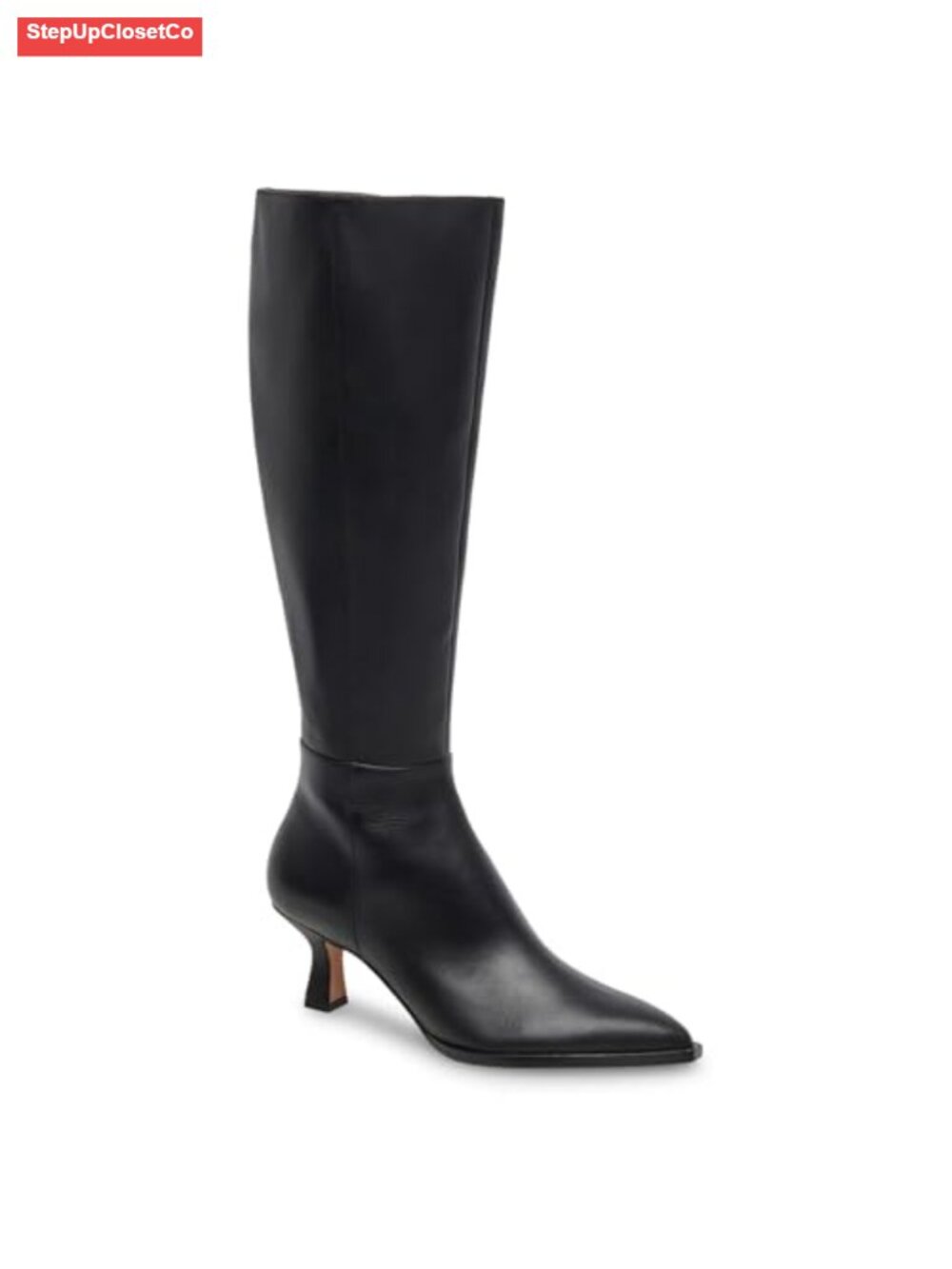 Knee High Boots Faux Leather Pointed Toe Kitten Heel Wide Calf Women Dress Boots